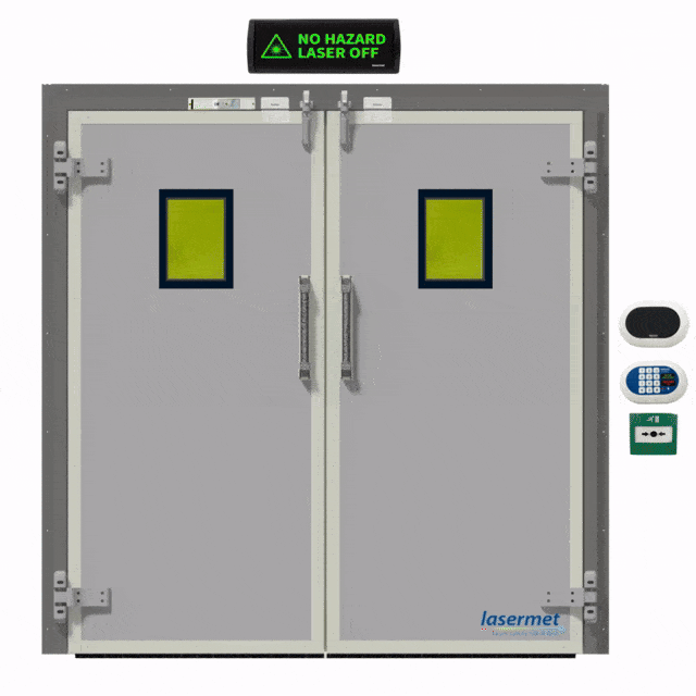 Demonstration of a laser-safe interlock door being overridden via keypad, with an LED Ultra Sign displayed above
