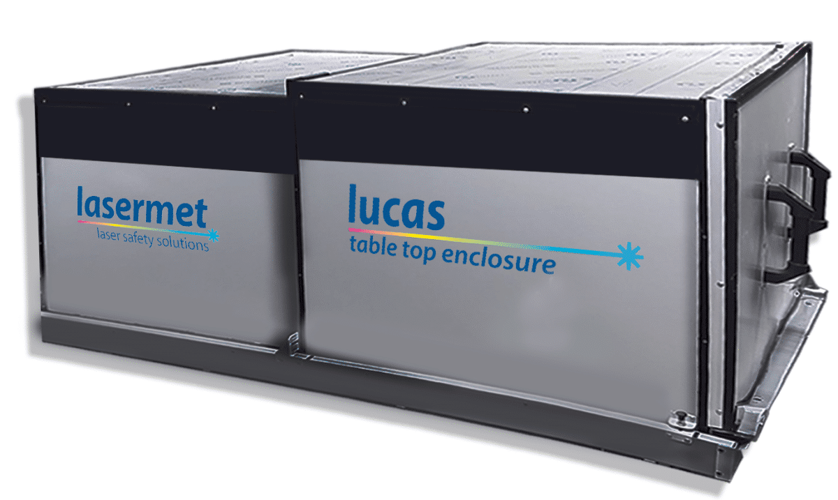 Fully interlocked Lucas table top high-quality, laser blocking enclosure.