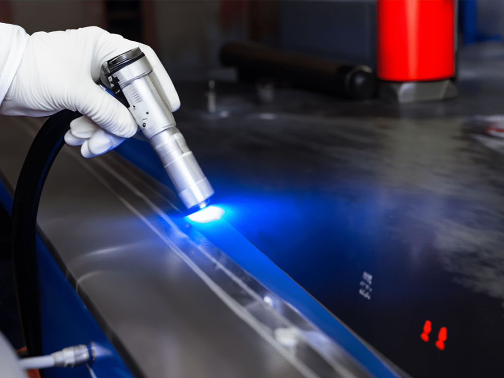 Laser cleaning in progress, removing surface contaminants from a metal part