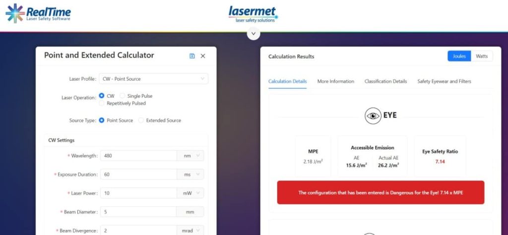 Realtime LSS Calculator interface showing example values and output for Point and Extended source calculations