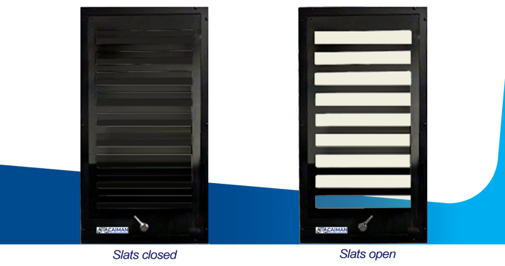 Lasermet's Caiman Laser Safety Blinds showing slats that are closed and open.