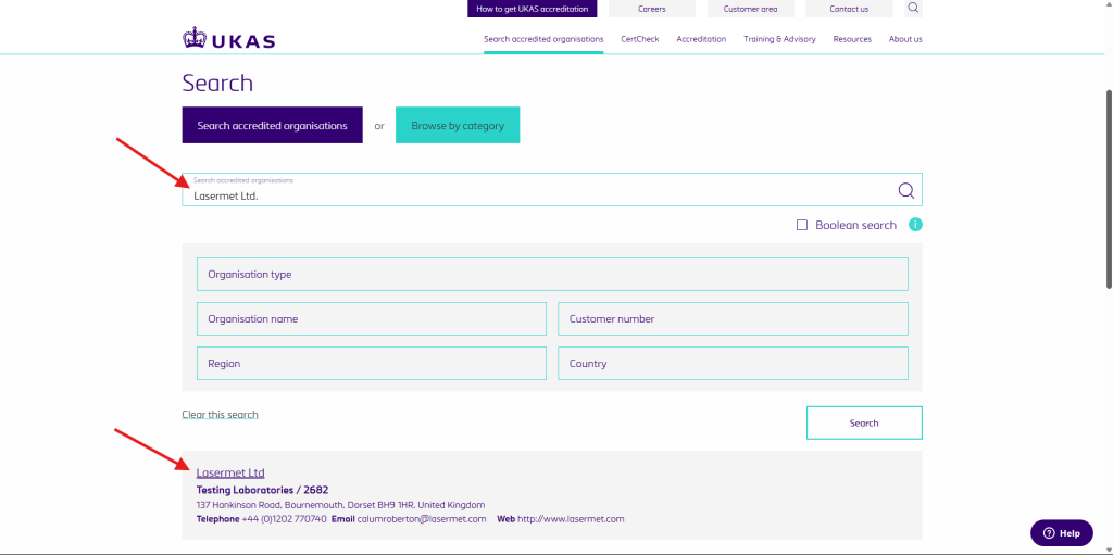 UKAS Page showing how to search for accredited bodies in their directory