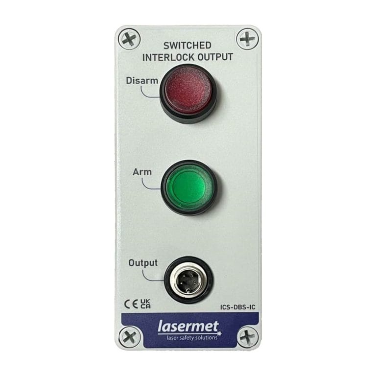 Distribution box that arms and disarms connected laser.