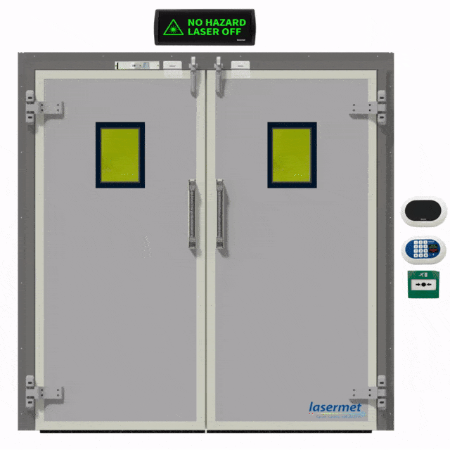 This image shows a demonstration of a laser safe interlock door equipped with a LED Ultra Sign above.