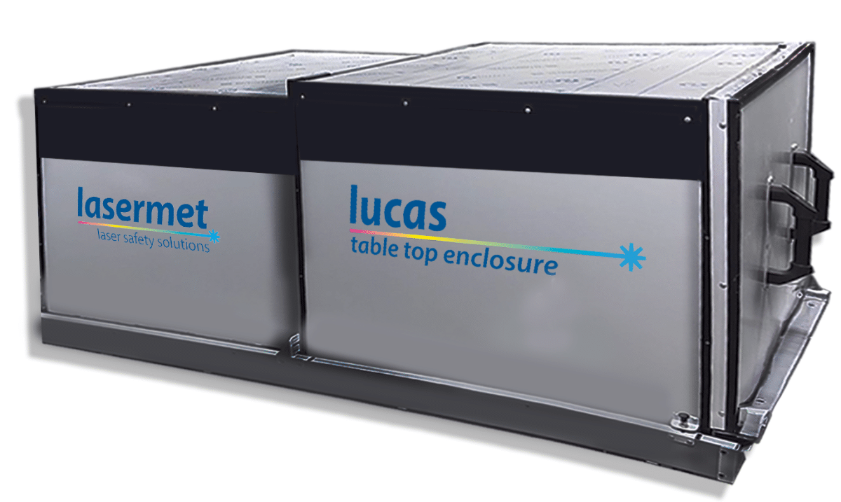 Fully interlocked Lucas table top high-quality, laser blocking enclosure.