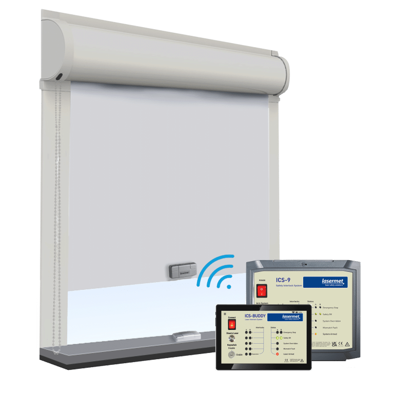 An interlock system for automation of laser blocking roller blind