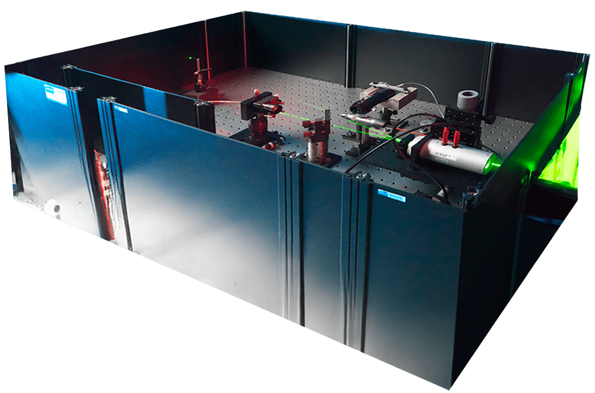 Laser setup contained inside the Optoblok System to prevent laser beams from escaping the designated work area.