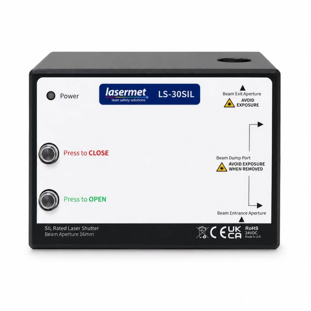 Laser safety laser shutter device with controls for safe laser operation and beam management.