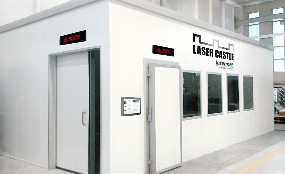 Lasermet Laser Castle equipped with ICS-9 Interlock Controller, Ultra LED warning signs and laser blocking windows.