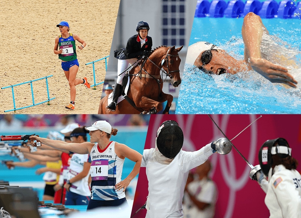 Modern Pentathlon showing encing, swimming, horse-riding, running, and shooting