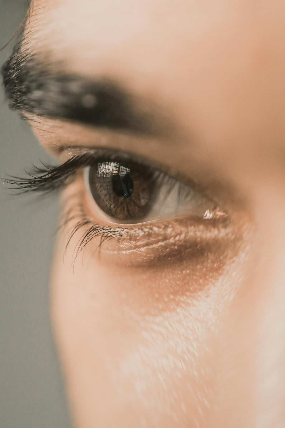 Detailed close-up of a brown eye showcasing eyelashes and eyebrow.